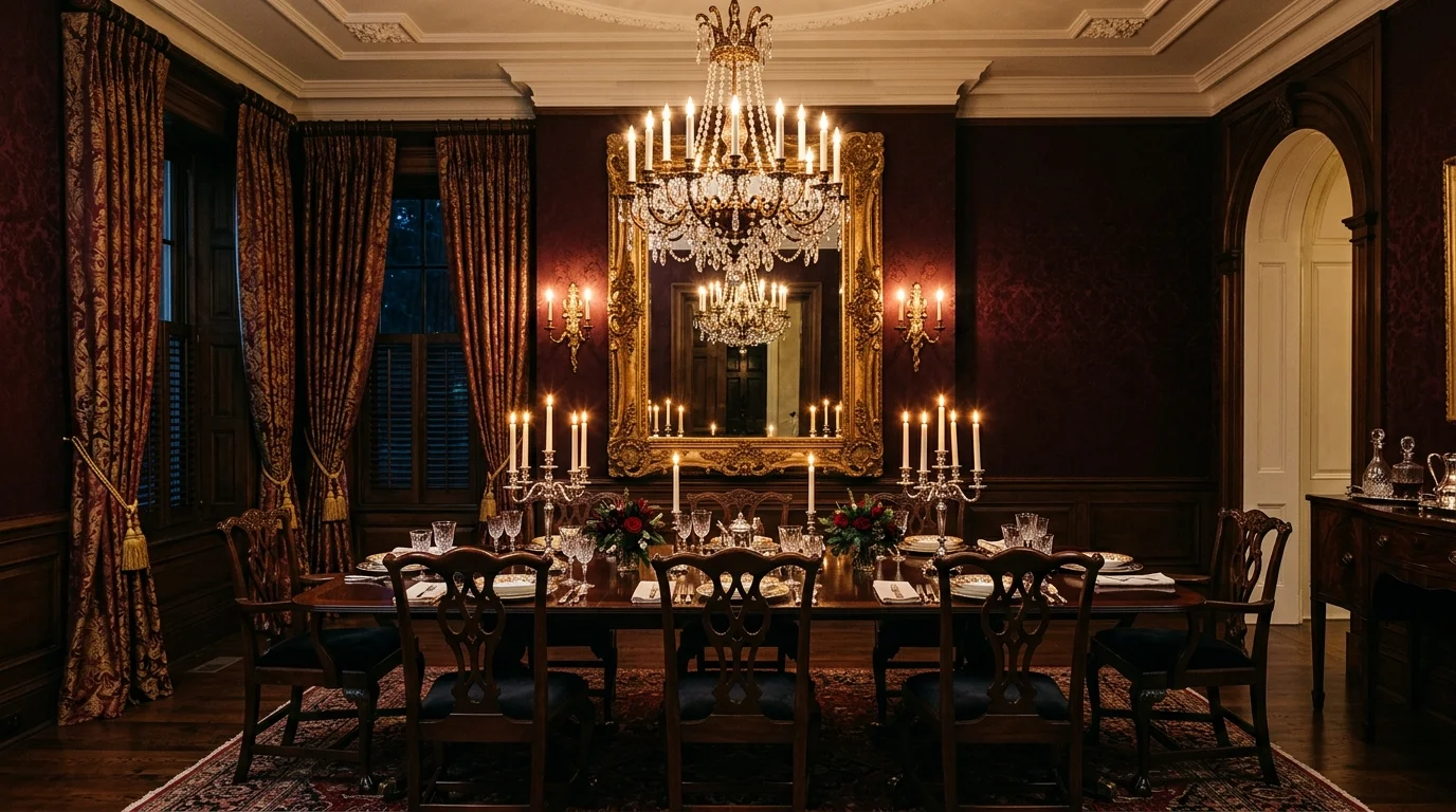 A formal dining room with dark wood furniture, ornate mirror on wall, classic chandelier, rich fabric curtains, candlelit table setting, dramatic and timeless elegance, straight-on shot, no people