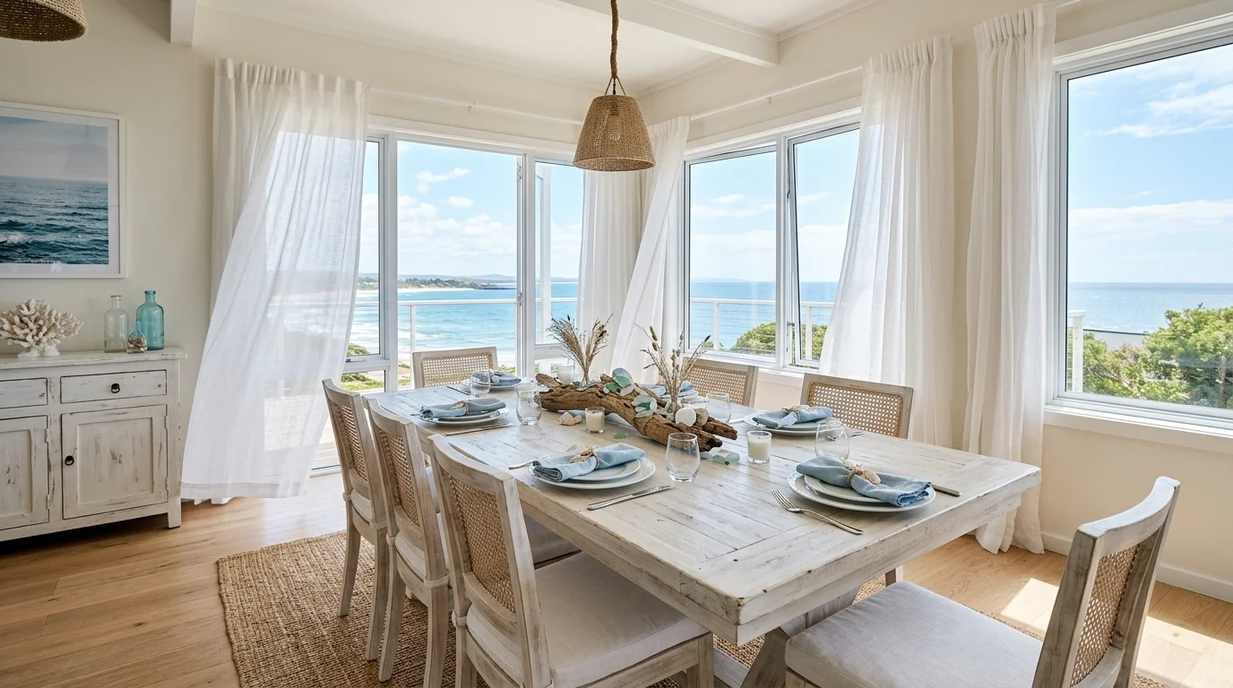 A coastal-inspired dining room with whitewashed table, soft blue accents, driftwood centerpiece, breezy curtains, bright natural sunlight, fresh and airy atmosphere, wide-angle shot, no people