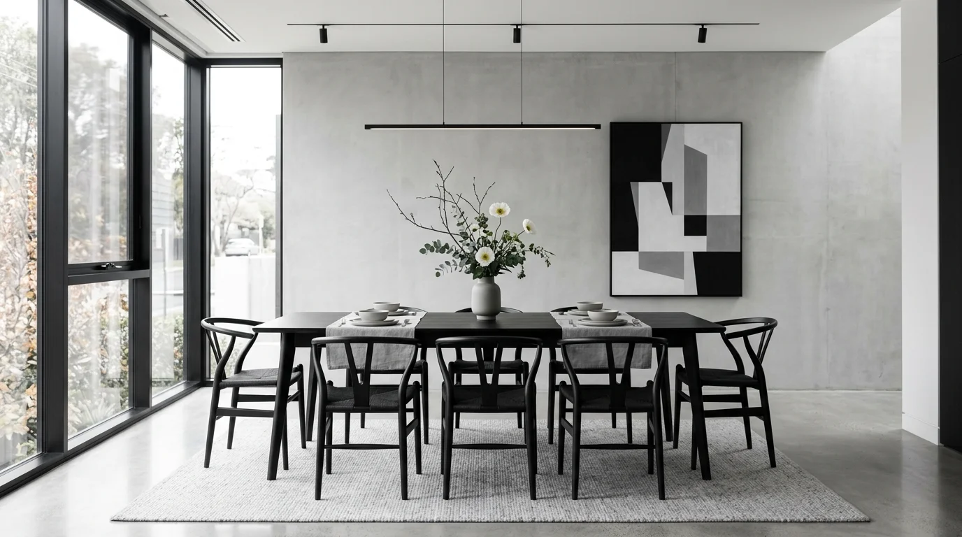 A minimalist dining room with sleek black table, monochrome chairs, single floral centerpiece, clean architectural lines, soft diffused lighting, modern aesthetic, front-facing composition, no people
