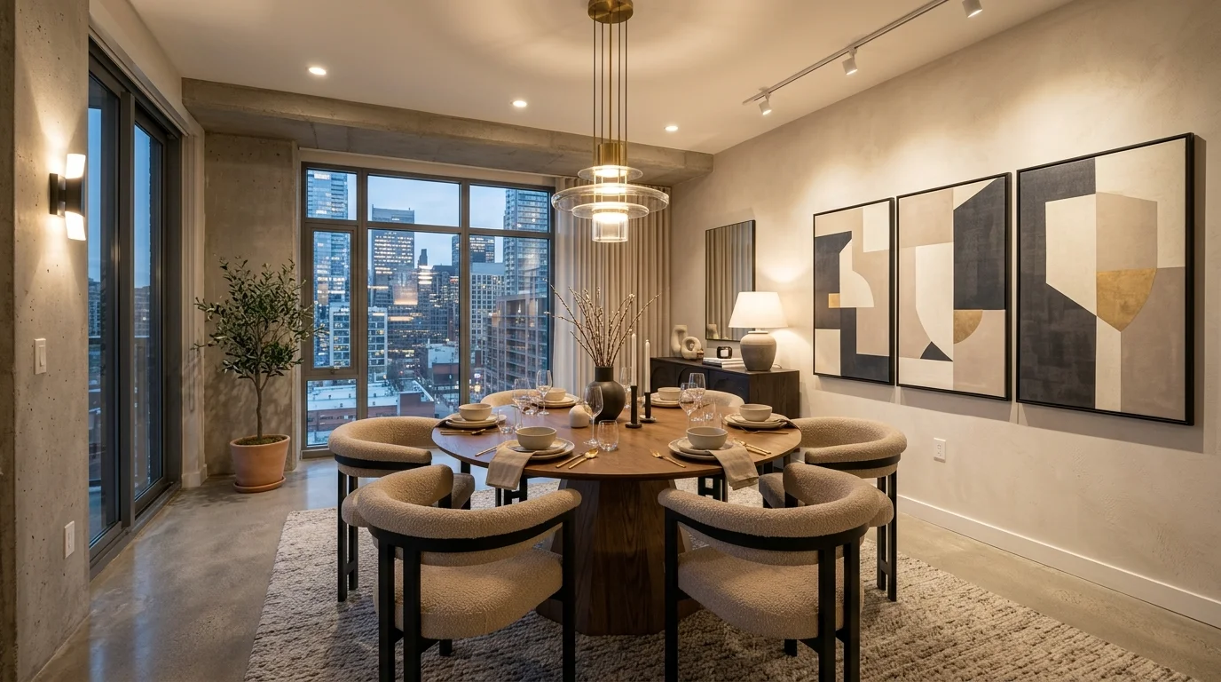 A contemporary dining room with round table, sculptural chairs, abstract wall art, layered lighting fixtures, warm neutral tones, stylish urban design, angled wide shot, no people