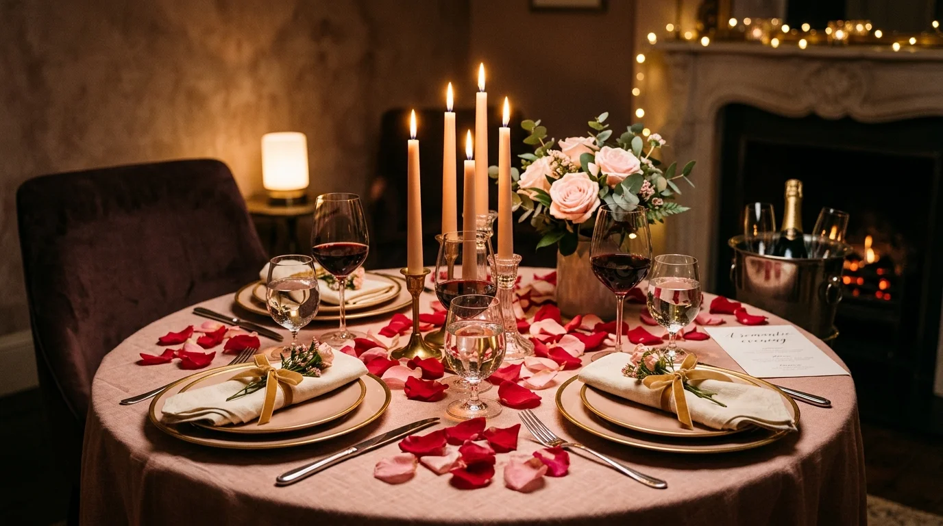 A romantic dining room setup with candlelit table, rose petals, soft blush tones, elegant glassware, dim warm lighting, intimate atmosphere, close-up composition, no people