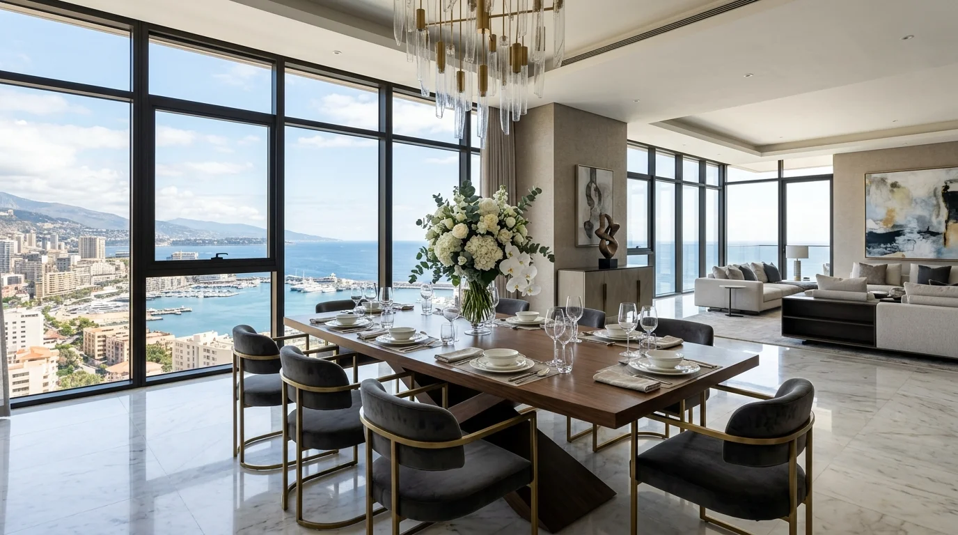 A luxury open-plan dining area with floor-to-ceiling windows, panoramic view, designer furniture, polished stone floor, statement floral arrangement, bright natural light, cinematic wide shot, no people