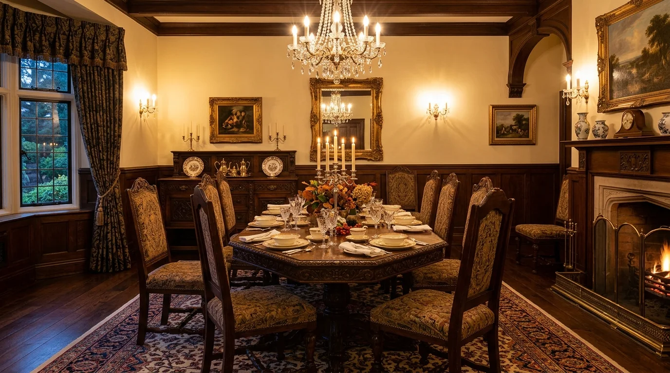 A traditional dining room with carved wooden table, patterned rug underneath, antique decor pieces, warm golden lighting, classic homely elegance, eye-level shot, no people