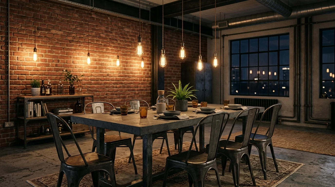 A modern industrial dining room with metal chairs, concrete table surface, exposed brick wall, pendant Edison bulbs, moody lighting, edgy yet elegant vibe, slightly low-angle shot, no people
