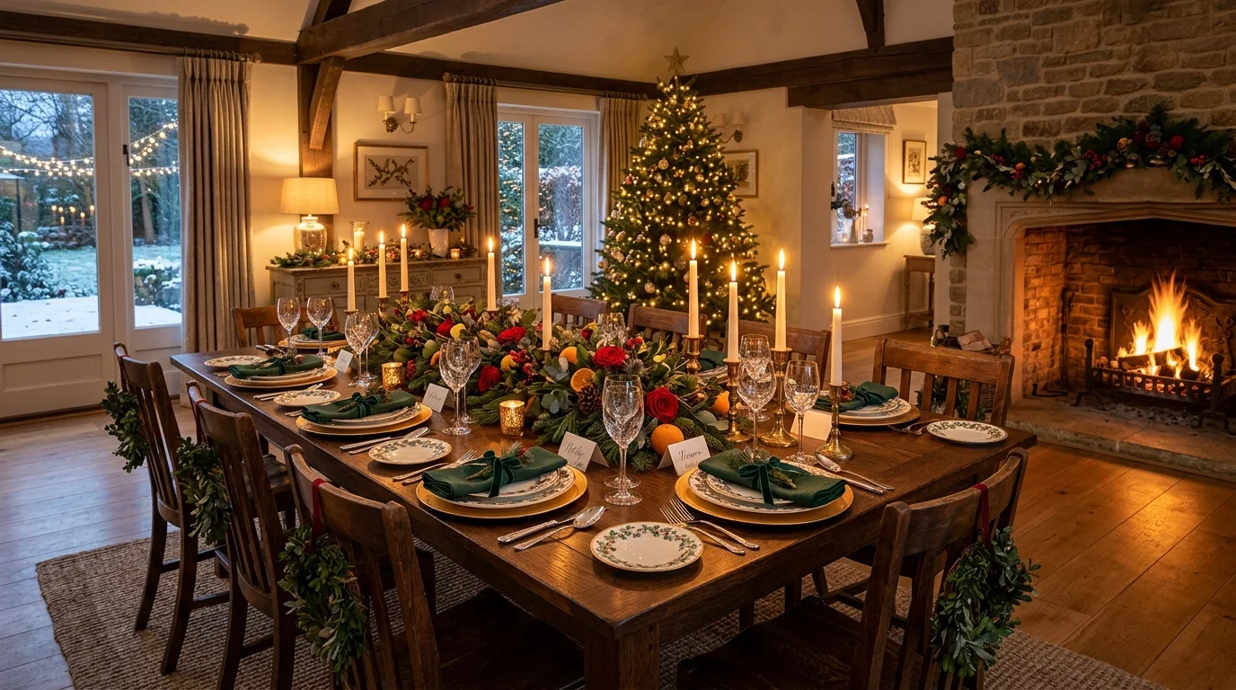 A festive dining room setup with beautifully arranged table for gathering, layered place settings, seasonal floral centerpiece, glowing candles, warm inviting atmosphere, balanced wide composition, no people