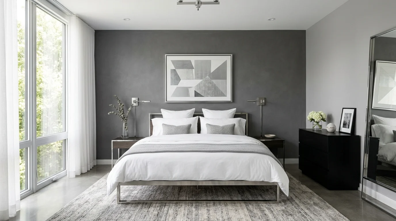 A modern silver-grey bedroom with matte grey accent wall, crisp white linens, chrome fixtures, minimalist decor, bright diffused daylight, clean luxurious aesthetic, no people
