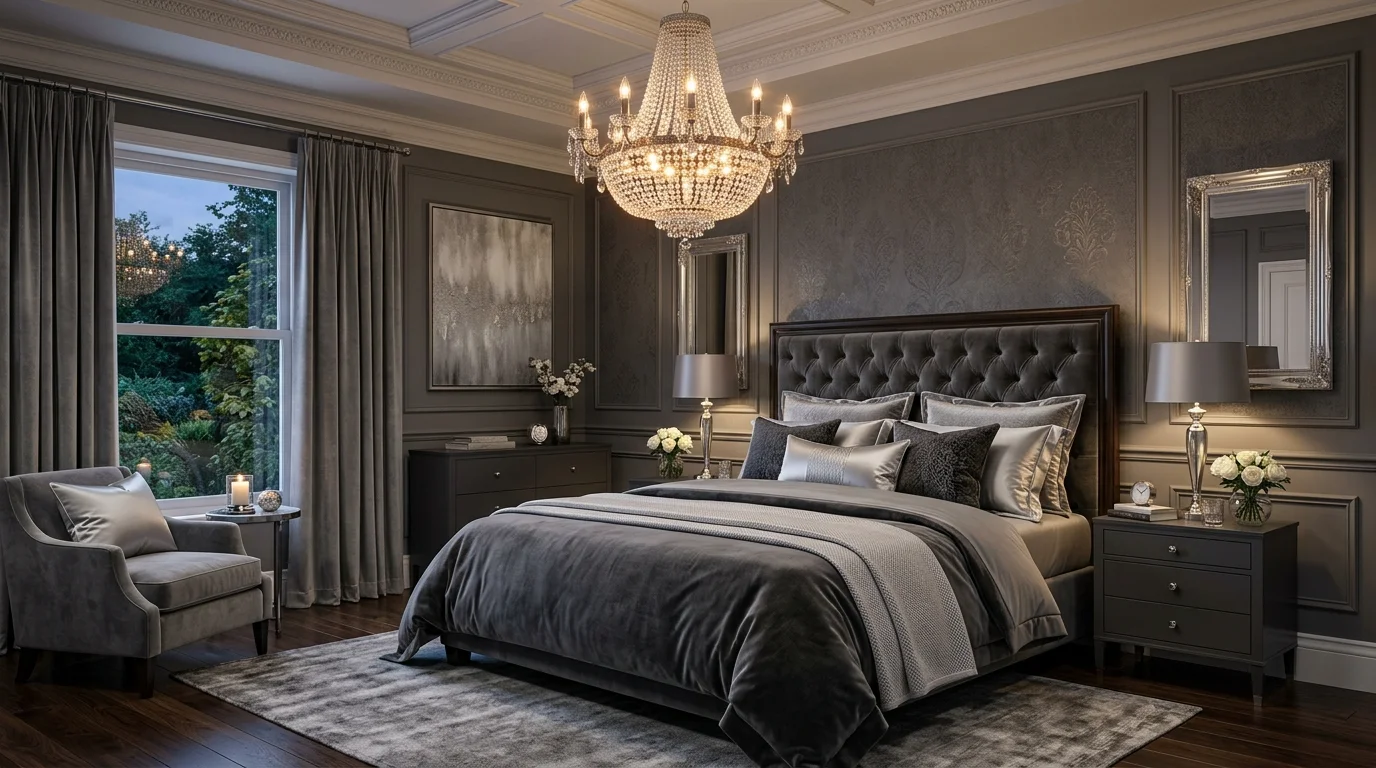 A luxury grey bedroom with velvet tufted headboard, layered silver and charcoal bedding, crystal chandelier, soft warm lighting, refined elegant mood, no people