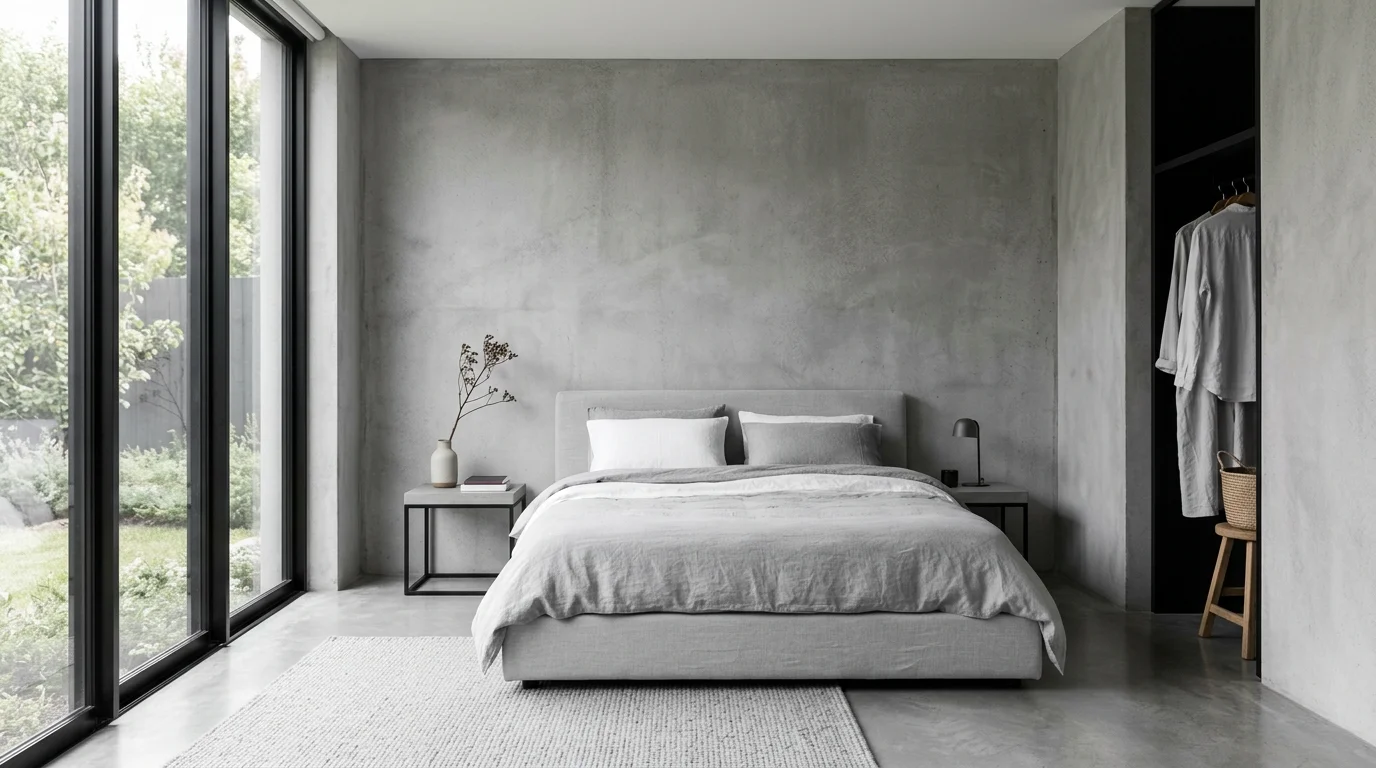 A minimalist silver-grey bedroom with smooth concrete-textured walls, low-profile bed, simple monochrome decor, soft natural daylight, calm serene design, no people