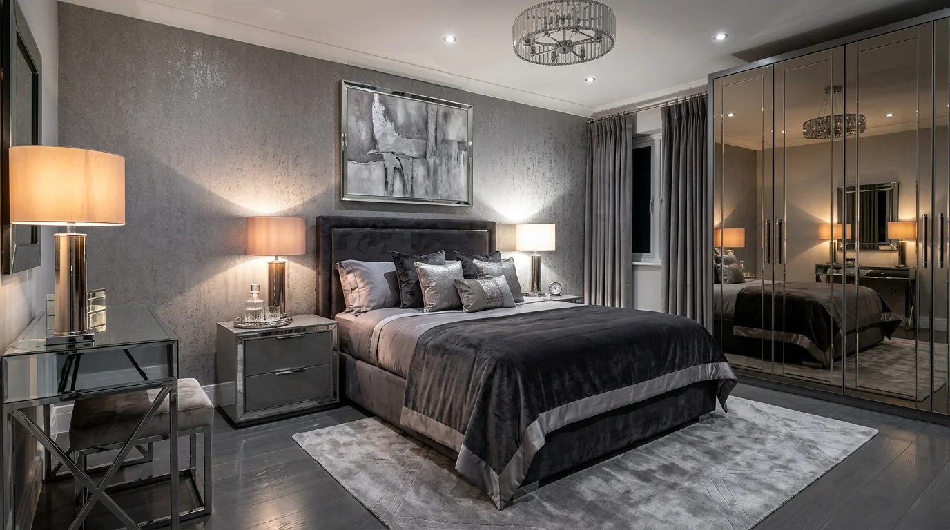 A glamorous grey bedroom with metallic silver accents, mirrored wardrobe doors, glossy surfaces, and soft glowing bedside lamps, sophisticated modern elegance, no people