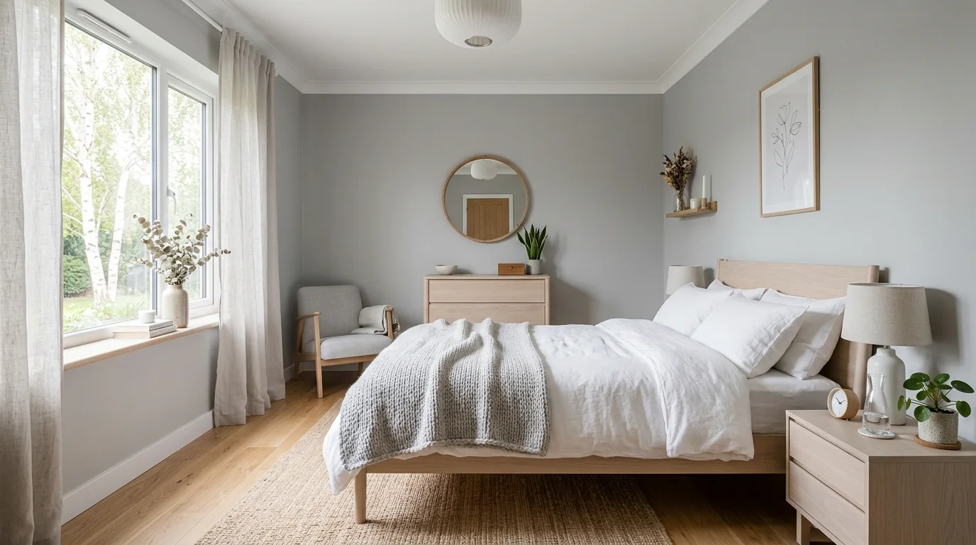 A Scandinavian-inspired grey bedroom with light ash tones, wooden furniture accents, white textiles, airy natural light, clean calming aesthetic, no people