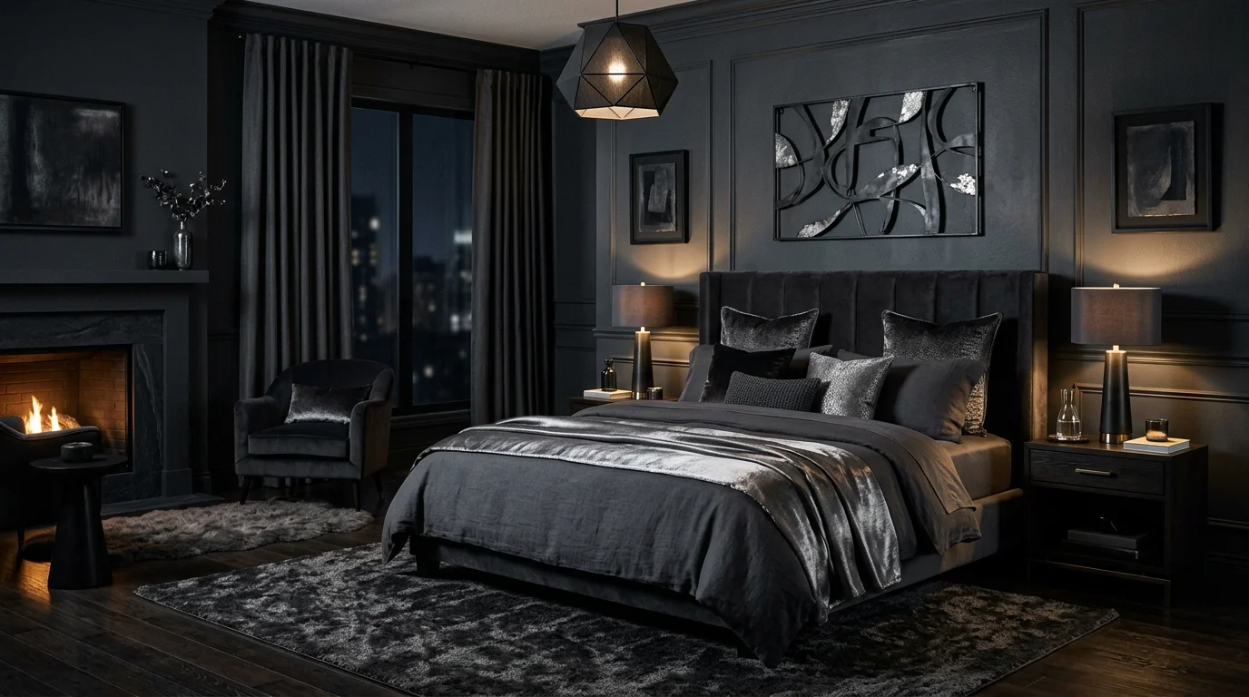 A dark silver-grey bedroom with charcoal walls, silver bedding highlights, dramatic lighting contrast, luxurious moody atmosphere, cinematic composition, no people