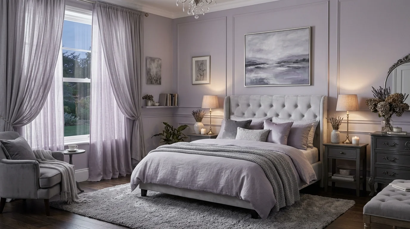 A romantic grey bedroom with soft lavender-grey tones, flowing curtains, delicate lighting, cozy upholstered bed, elegant serene mood, no people