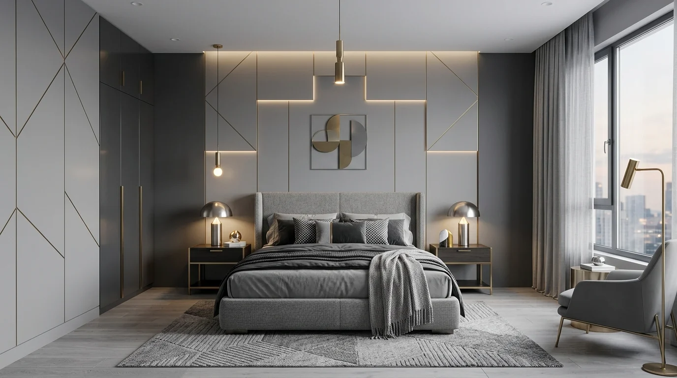 A contemporary grey bedroom with geometric wall panels, sleek furniture, metallic décor accents, balanced symmetry, soft neutral lighting, no people