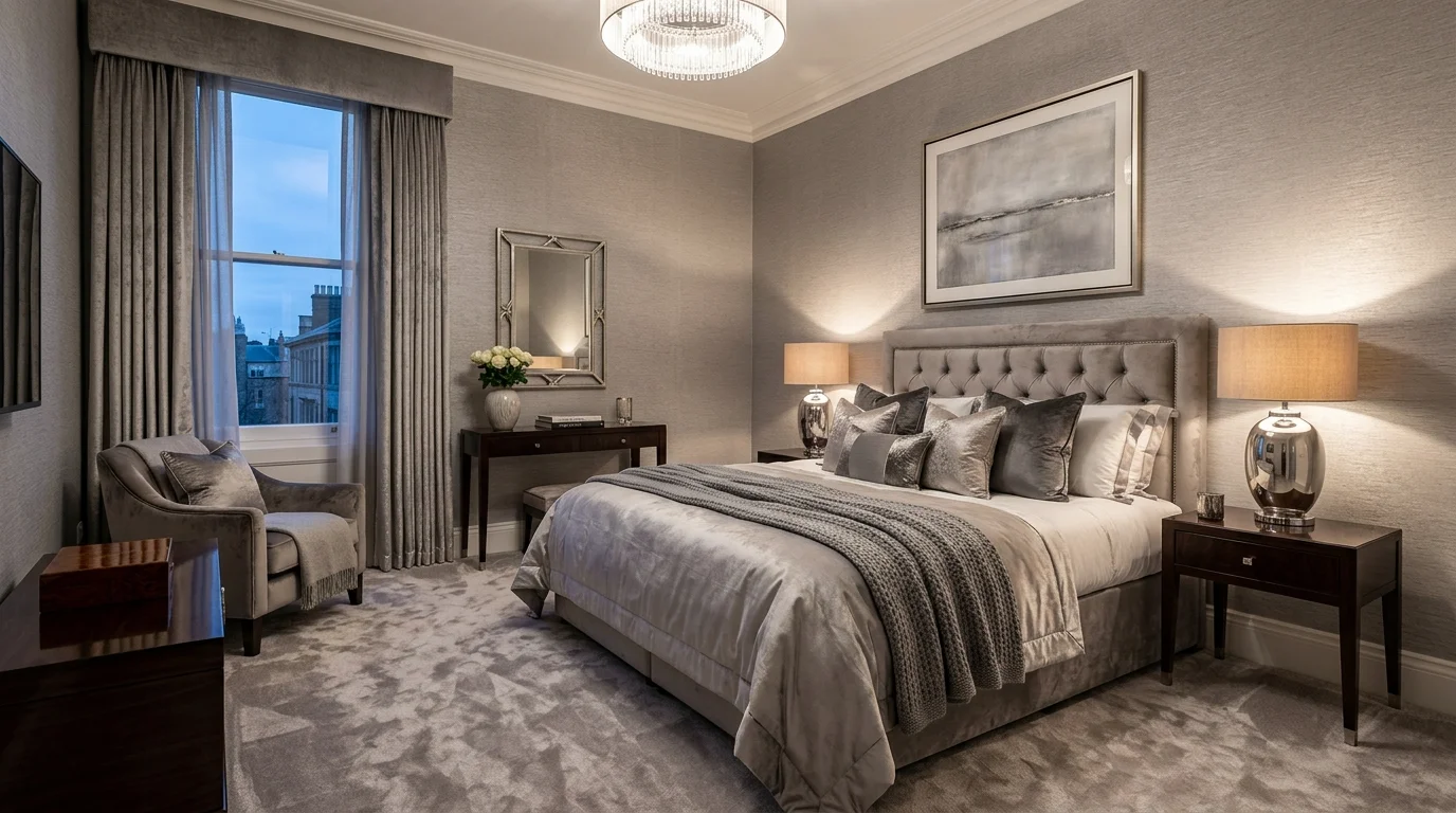 A boutique hotel-style silver-grey bedroom with layered textures, plush carpet, elegant bedside lamps, and polished finishes, warm inviting lighting, no people