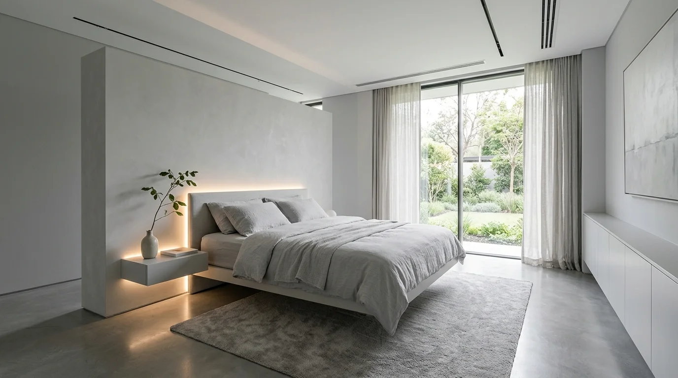 A minimalist luxury bedroom in pale grey tones with floating bed design, hidden lighting, clean lines, and uncluttered space, soft daylight, no people