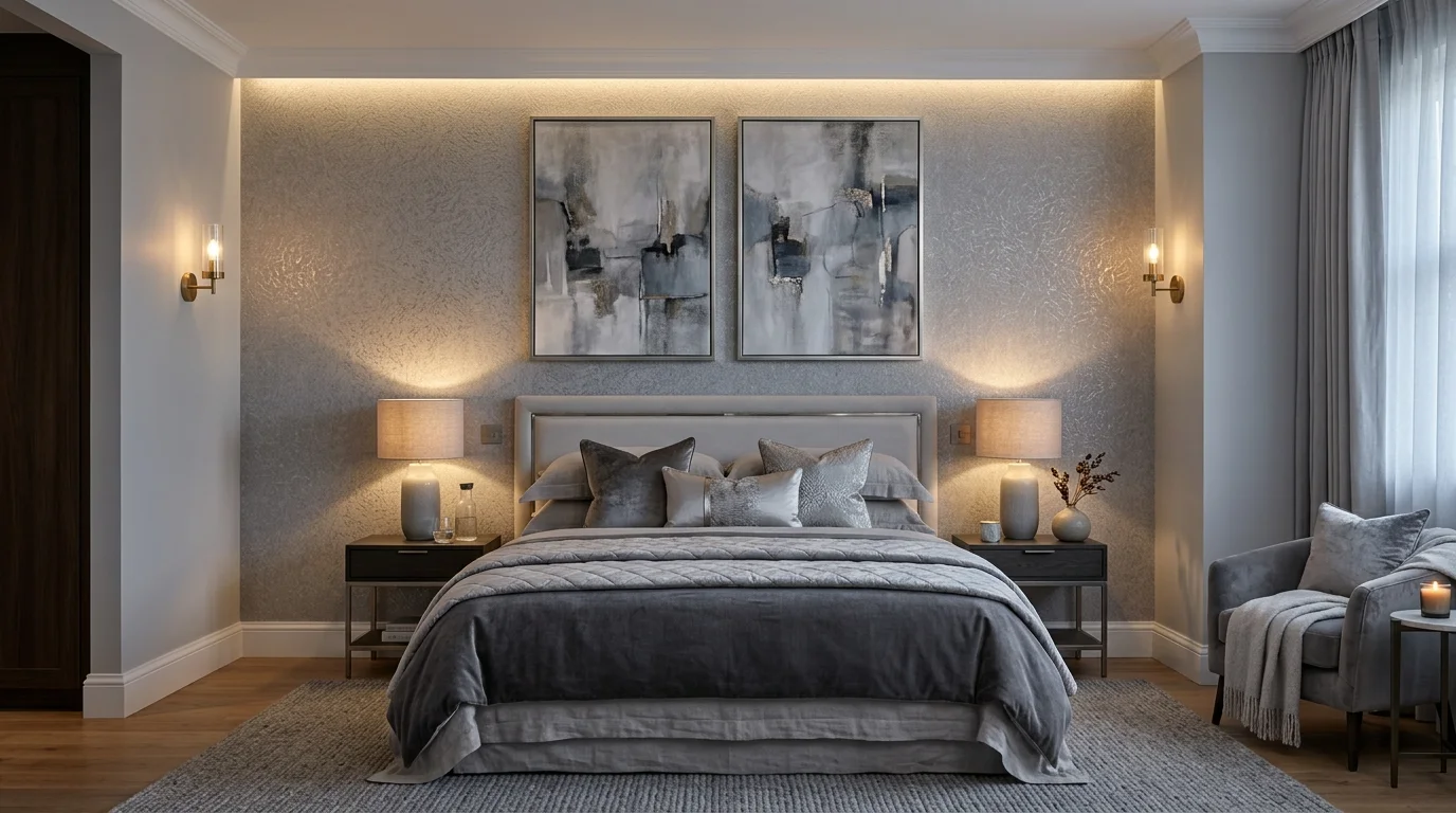 A silver-grey bedroom with statement feature wall in textured wallpaper, elegant artwork, coordinated bedding, and ambient glow lighting, refined composition, no people