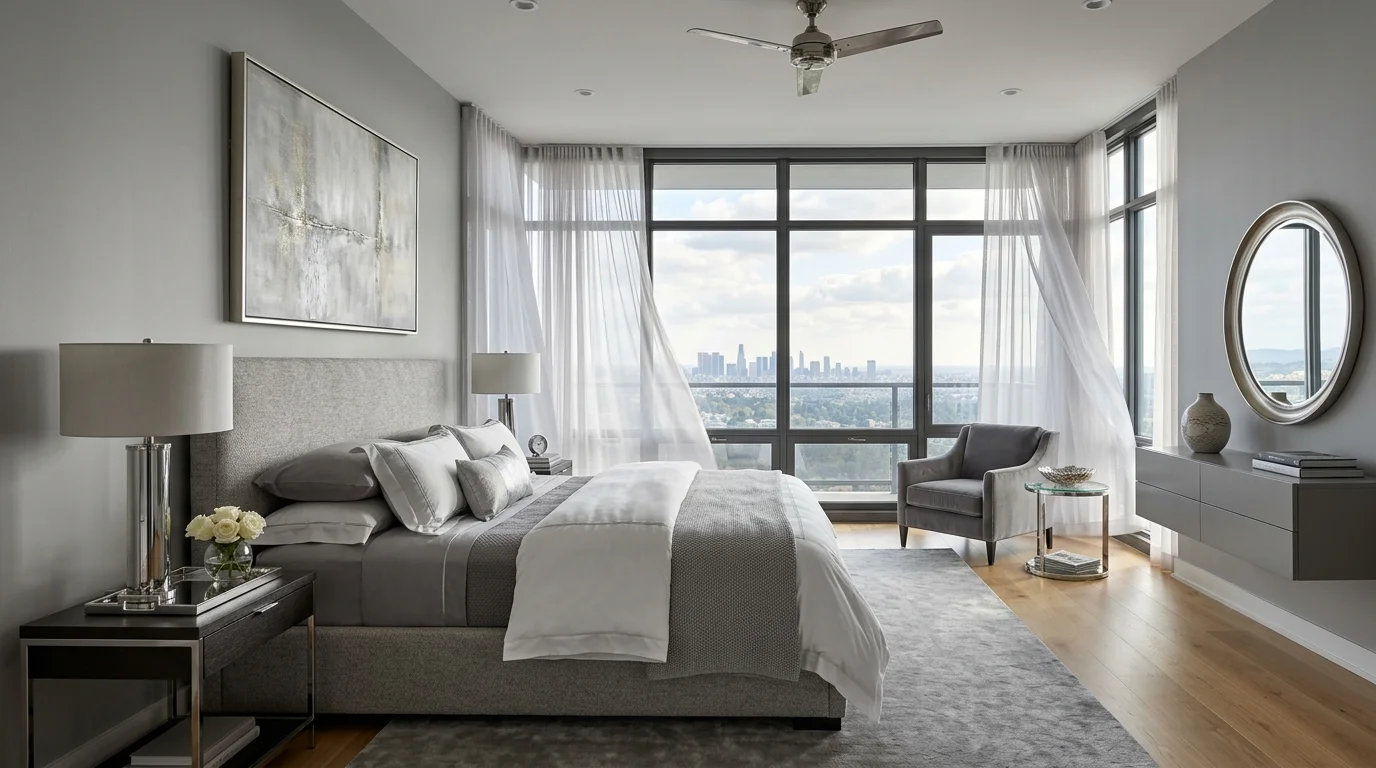 A modern elegant grey bedroom with panoramic windows, flowing sheer curtains, metallic accents, and soft reflective surfaces, airy sophisticated retreat atmosphere, no people