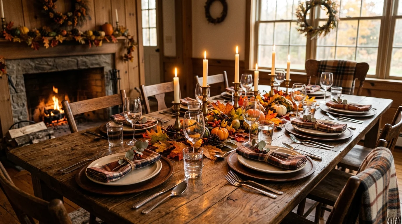 A rustic farmhouse table with wooden chargers plaid napkins and a centerpiece of candles and autumn leaves warm lighting cozy Thanksgiving charm no people