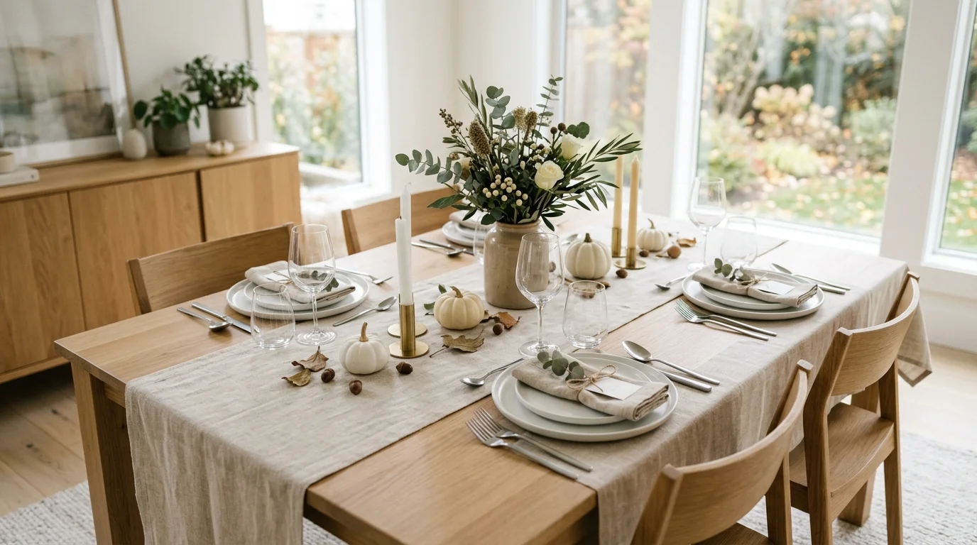 A modern Thanksgiving table with white and beige tones paired with minimal decor and subtle greenery bright natural daylight clean elegant setting no people