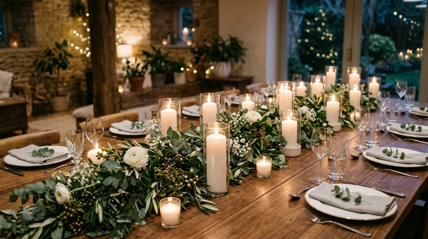 A table with a long runner of eucalyptus leaves and white candles arranged down the center soft lighting refined natural aesthetic no people