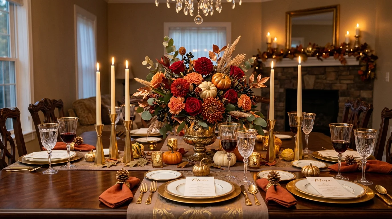 A Thanksgiving setup with gold accents crystal glassware and a floral centerpiece in warm fall tones soft ambient lighting luxurious festive design no people