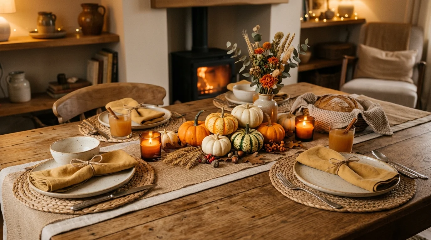 A cozy table with layered textures including woven placemats cloth napkins and small pumpkins warm lighting inviting harvest feel no people