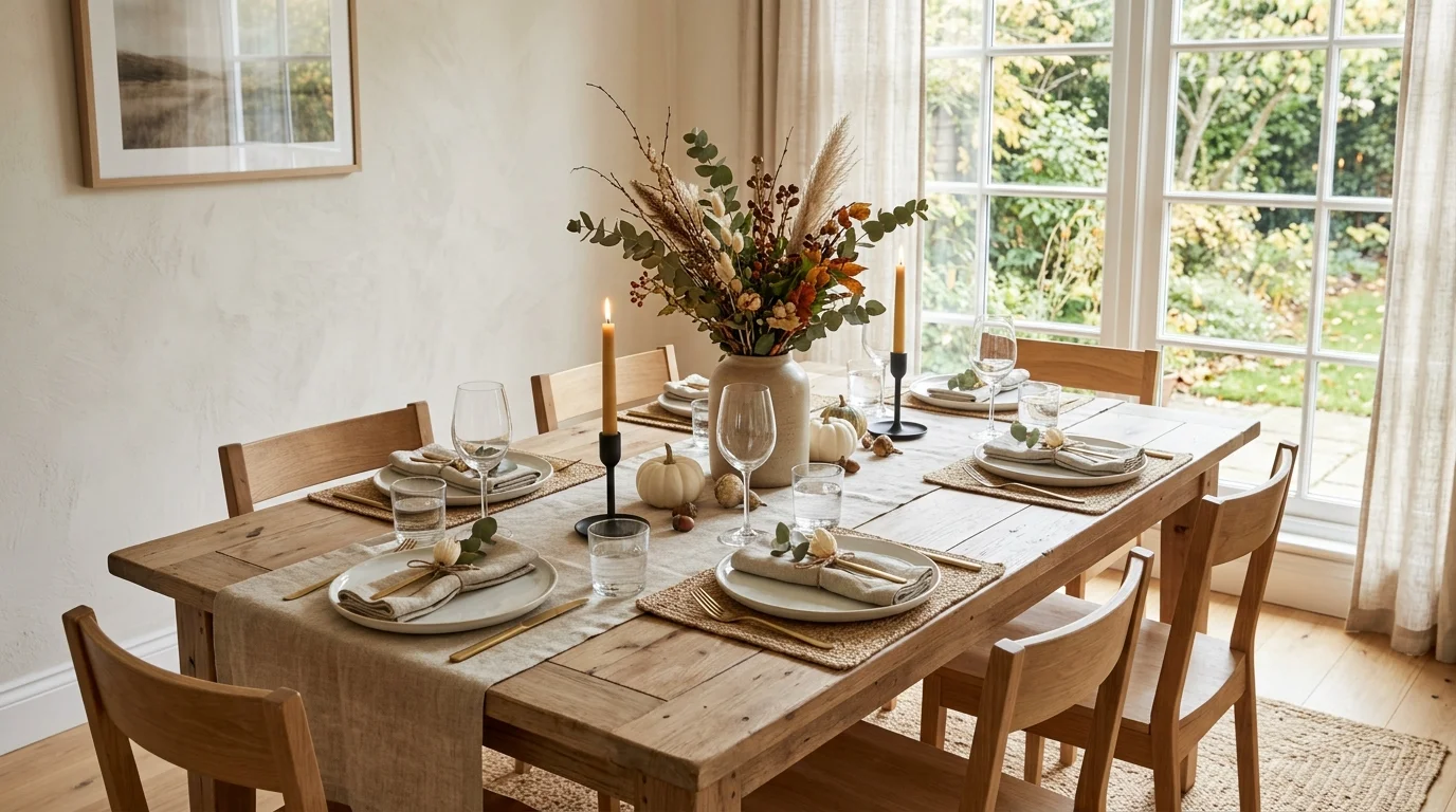 A minimalist Thanksgiving table with simple white dishes and a few statement decor pieces bright natural daylight understated elegance no people