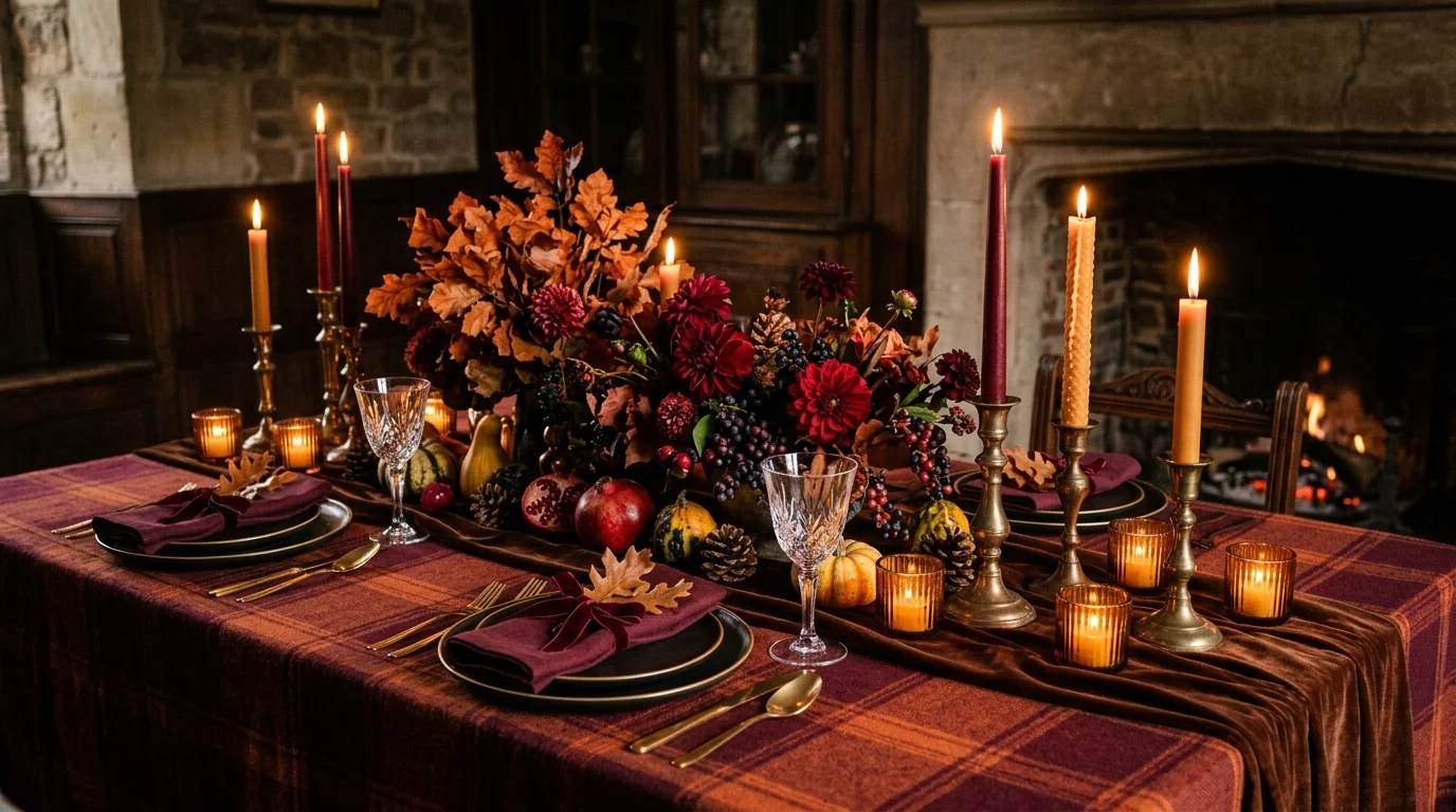 A table with a rich color palette of deep orange brown and burgundy paired with candles warm lighting dramatic seasonal elegance no people