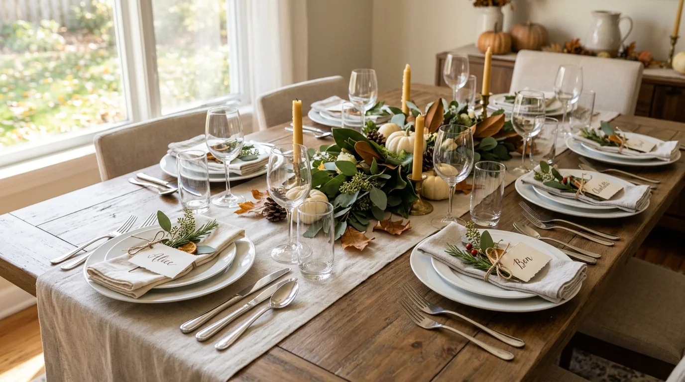 A Thanksgiving table with personalized place cards tied with twine and greenery bright natural light thoughtful welcoming touch no people
