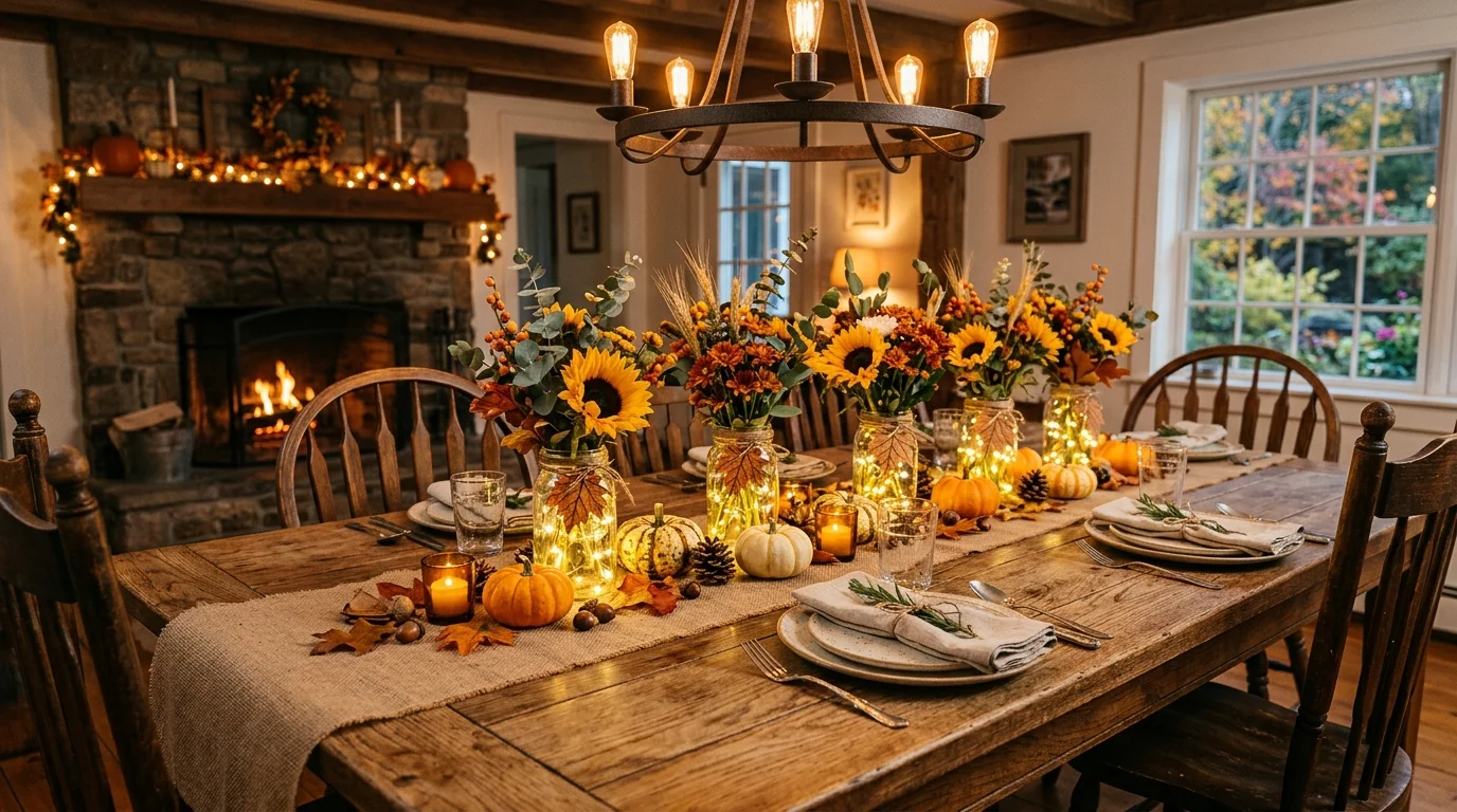 A rustic table with a burlap runner mason jar centerpieces and autumn decor warm lighting charming country style no people