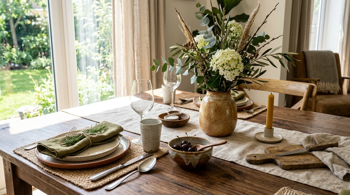A table with a mix of textures including wood ceramic and fabric bright natural daylight balanced elegant arrangement no people