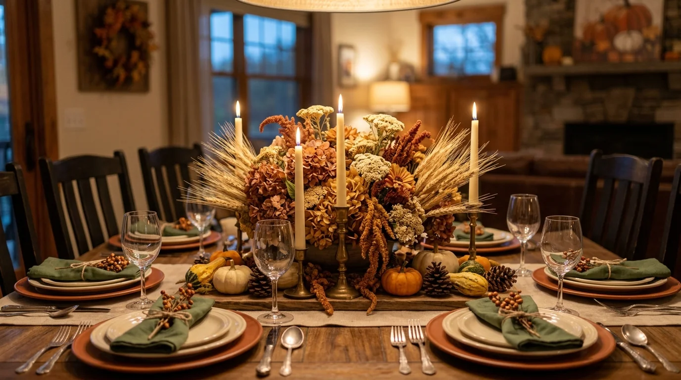 A Thanksgiving table with a centerpiece of dried flowers wheat and candles soft lighting warm harvest inspired decor no people