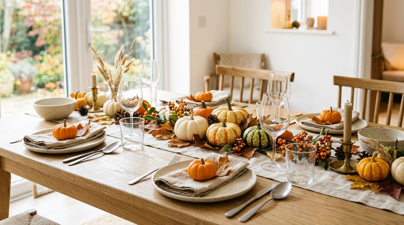 A bright table with neutral tones and pops of autumn color from pumpkins and leaves bright natural daylight fresh seasonal look no people