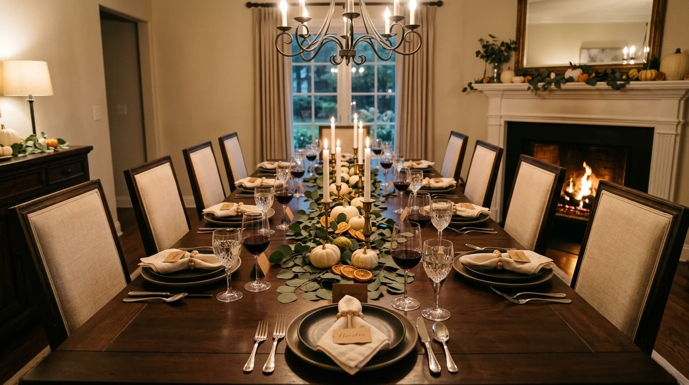 A long dining table styled with symmetrical place settings candles and greenery soft lighting elegant and harmonious Thanksgiving setup no people