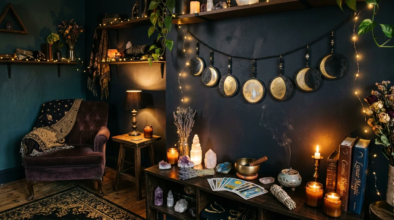 A space with a moon phase wall hanging and deep toned walls bright dimmed lighting magical mystical atmosphere no people
