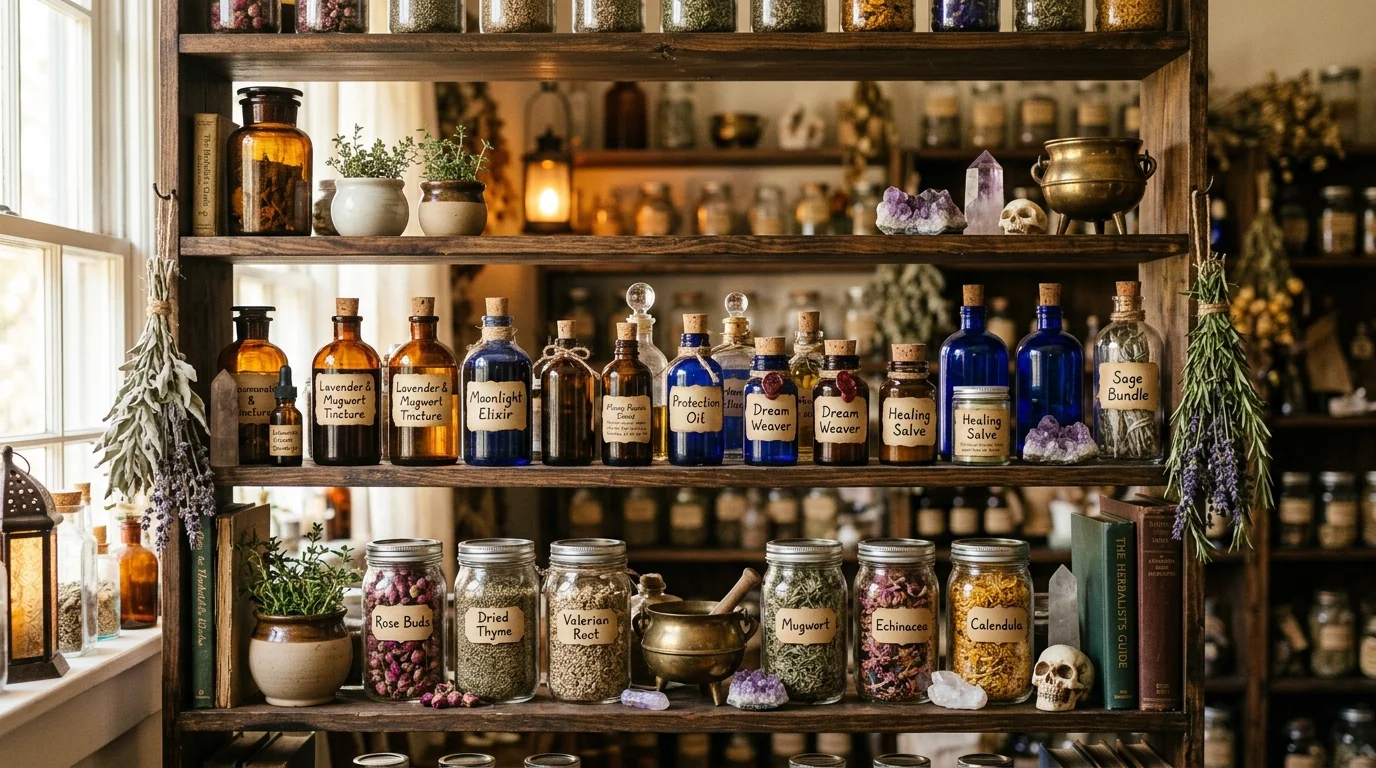 A shelf filled with potion bottles herbs and glass jars arranged neatly soft lighting witchy apothecary aesthetic no people