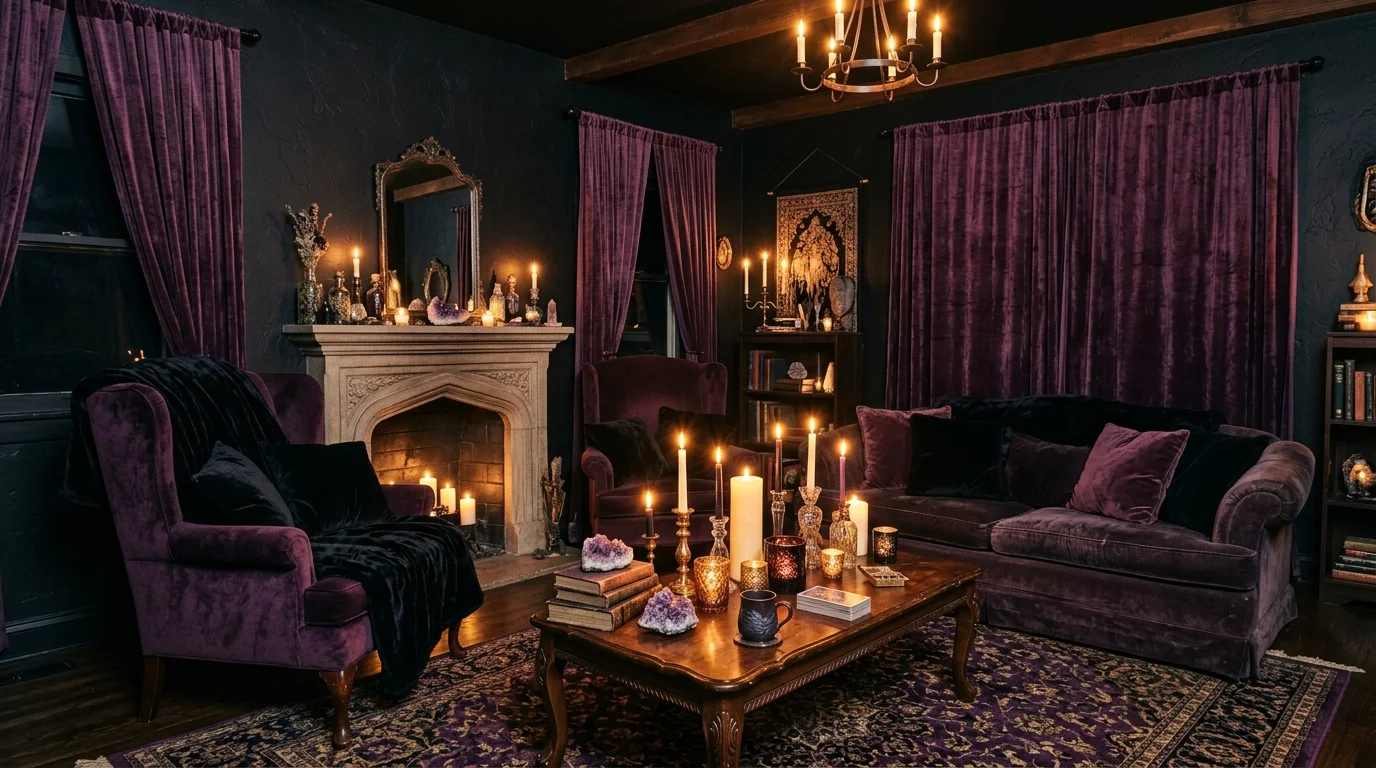 A room with black and purple tones layered with velvet fabrics and candles warm ambient lighting mystical cozy feel no people