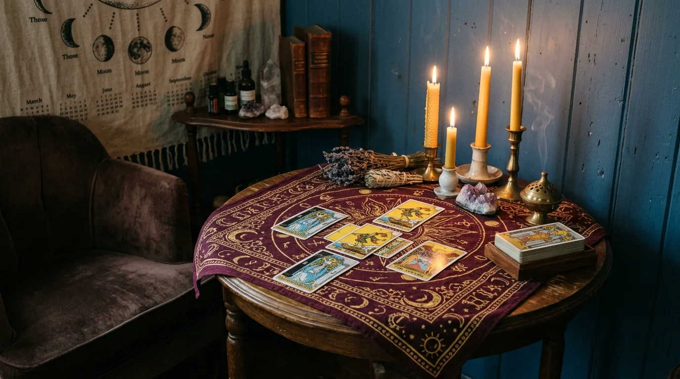 A corner with a tarot reading table covered in a patterned cloth and candles soft lighting magical spiritual setup no people