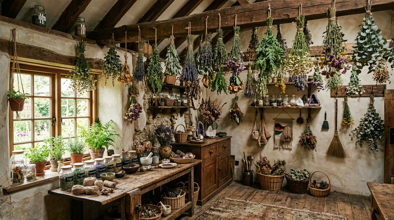 A space with hanging dried herbs and plants bright natural light earthy witchy decor no people