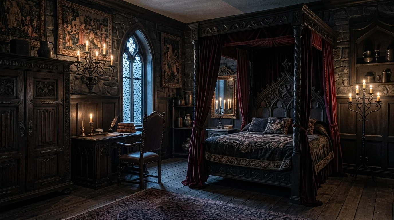 A room with gothic style furniture and dark decor elements soft lighting dramatic mystical ambiance no people