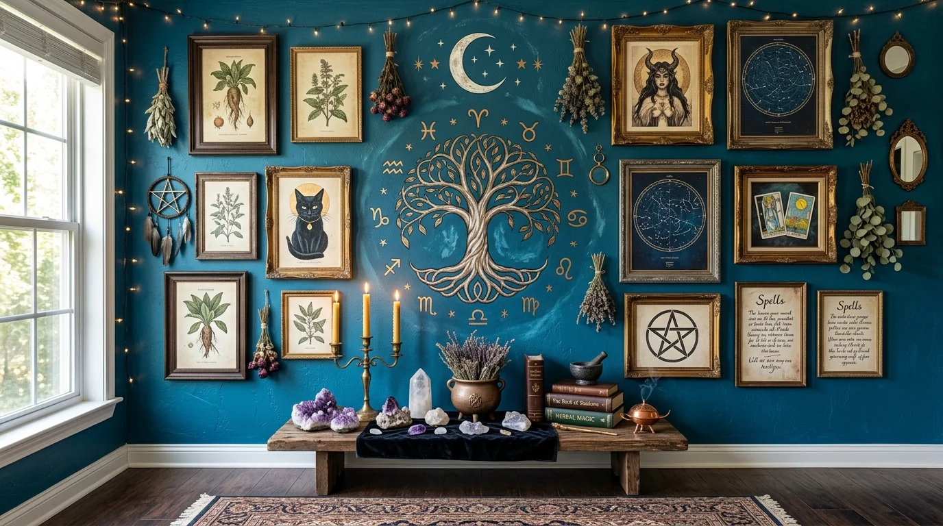 A wall decorated with mystical symbols and framed art bright lighting creative witchy design no people