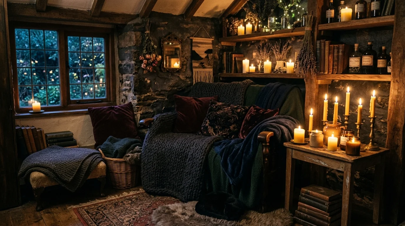 A cozy nook with a chair layered with dark textiles and candles warm lighting inviting magical retreat no people