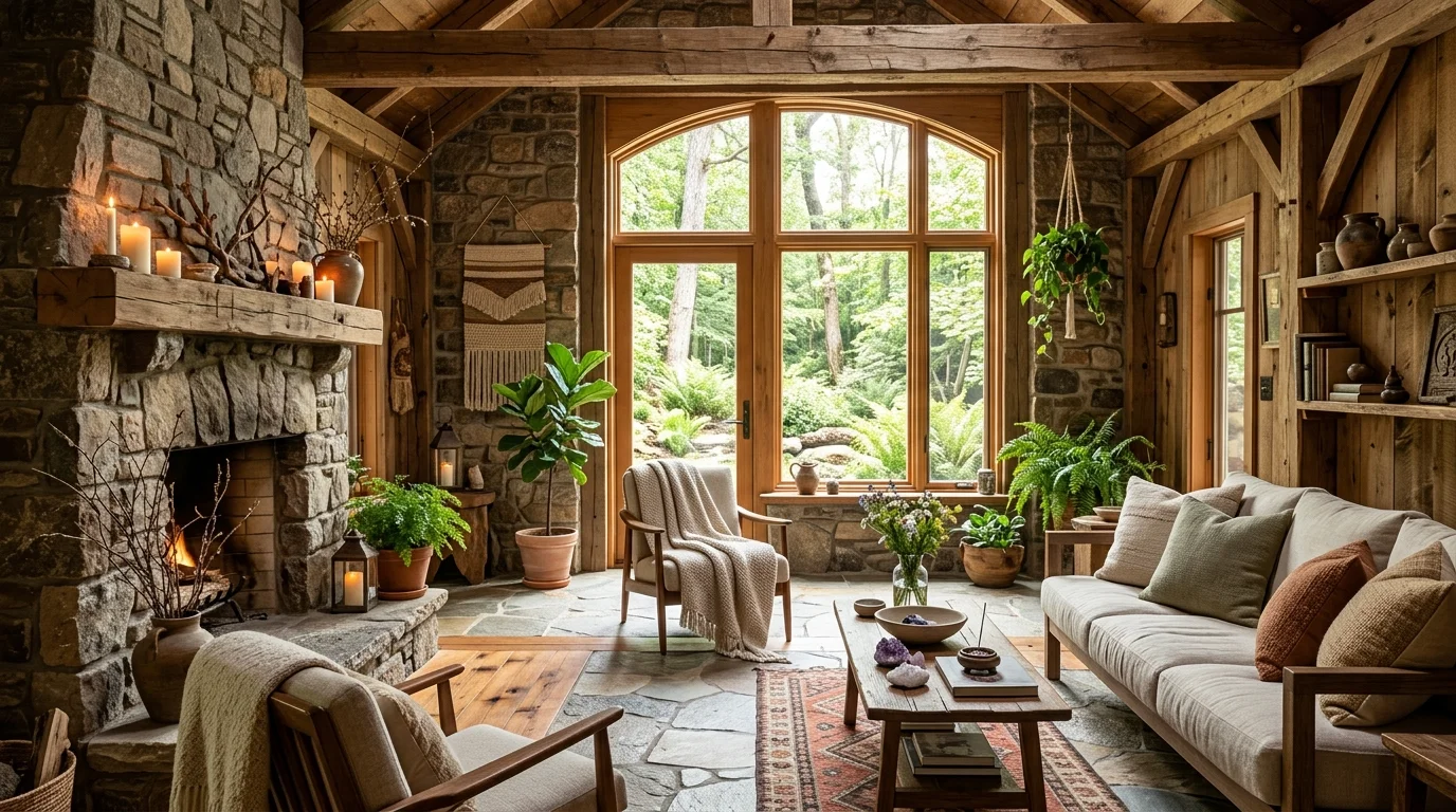 A space with a mix of textures including wood stone and fabric bright natural light balanced mystical aesthetic no people