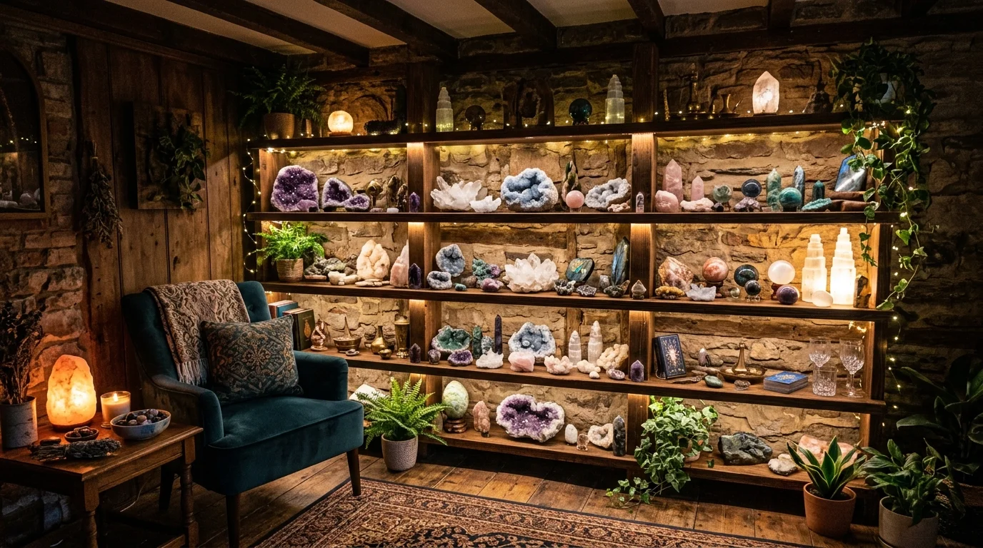 A room with a crystal display arranged on shelves soft lighting glowing enchanting decor no people