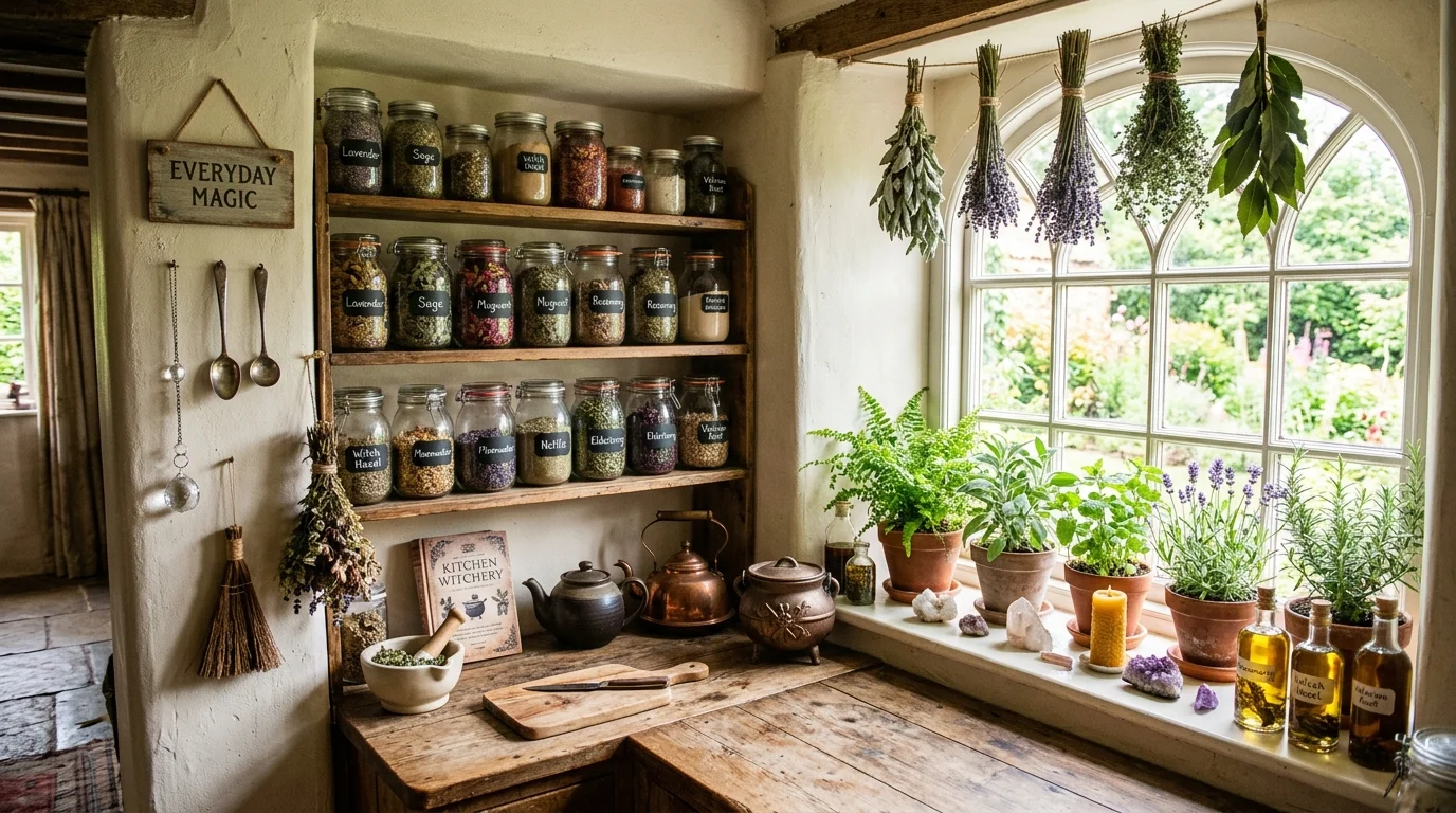 A witchy kitchen corner with herbs jars and rustic decor bright natural light magical everyday space no people
