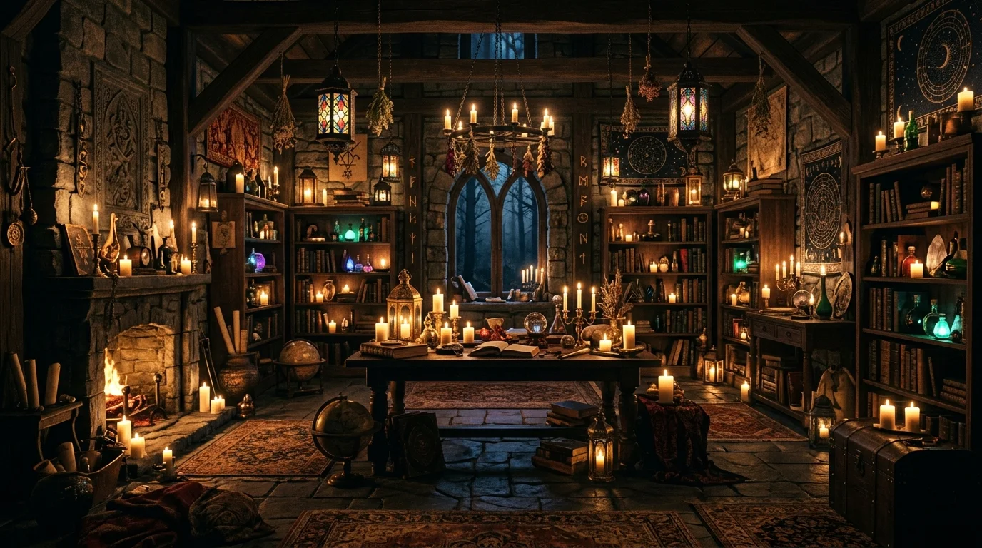 A dark themed room with candles lanterns and mystical accents soft ambient lighting immersive magical environment no people