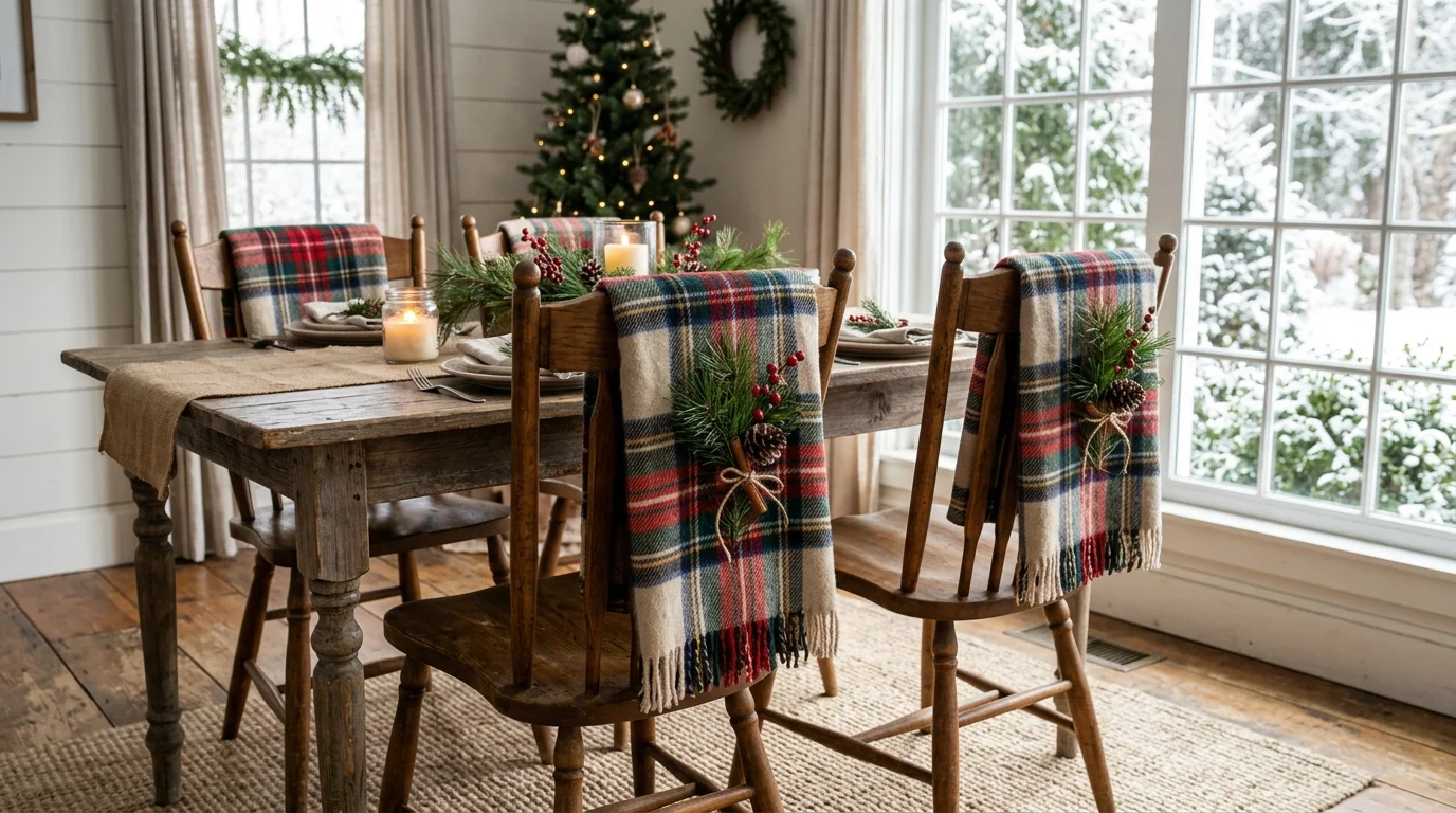 A set of chairs with plaid blankets draped over the backs paired with small pine sprigs bright natural daylight cozy farmhouse holiday look no people