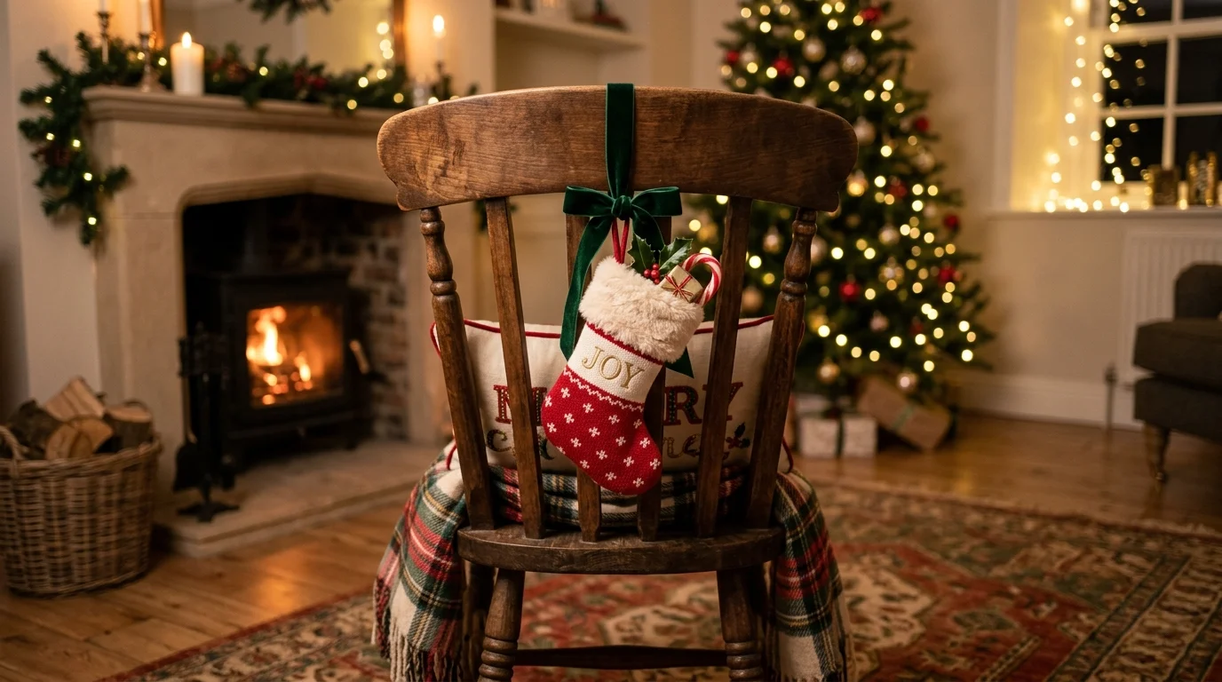 A chair adorned with a mini stocking hanging from the back tied with ribbon soft warm lighting charming festive detail no people