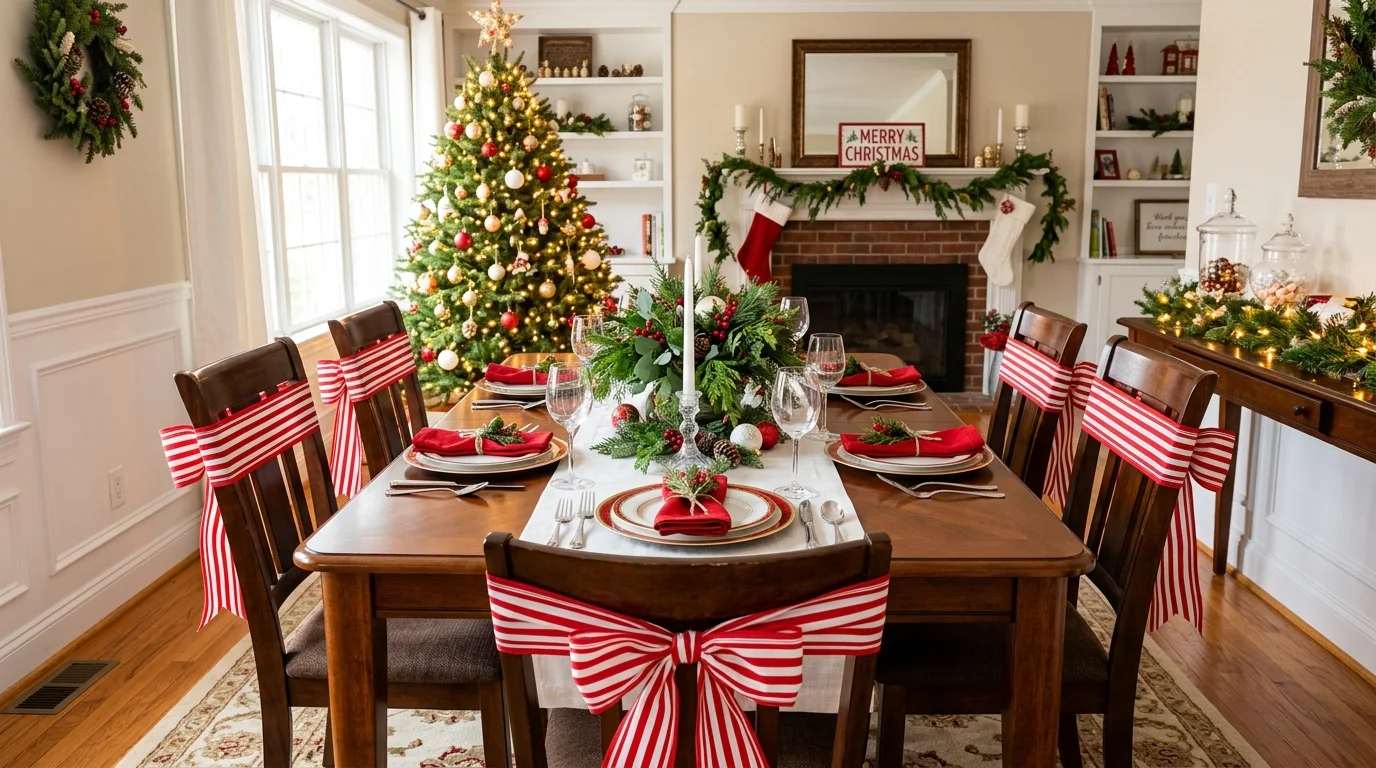 A dining setup with chairs wrapped in red and white ribbon bows creating a coordinated holiday theme bright lighting cheerful Christmas decor no people