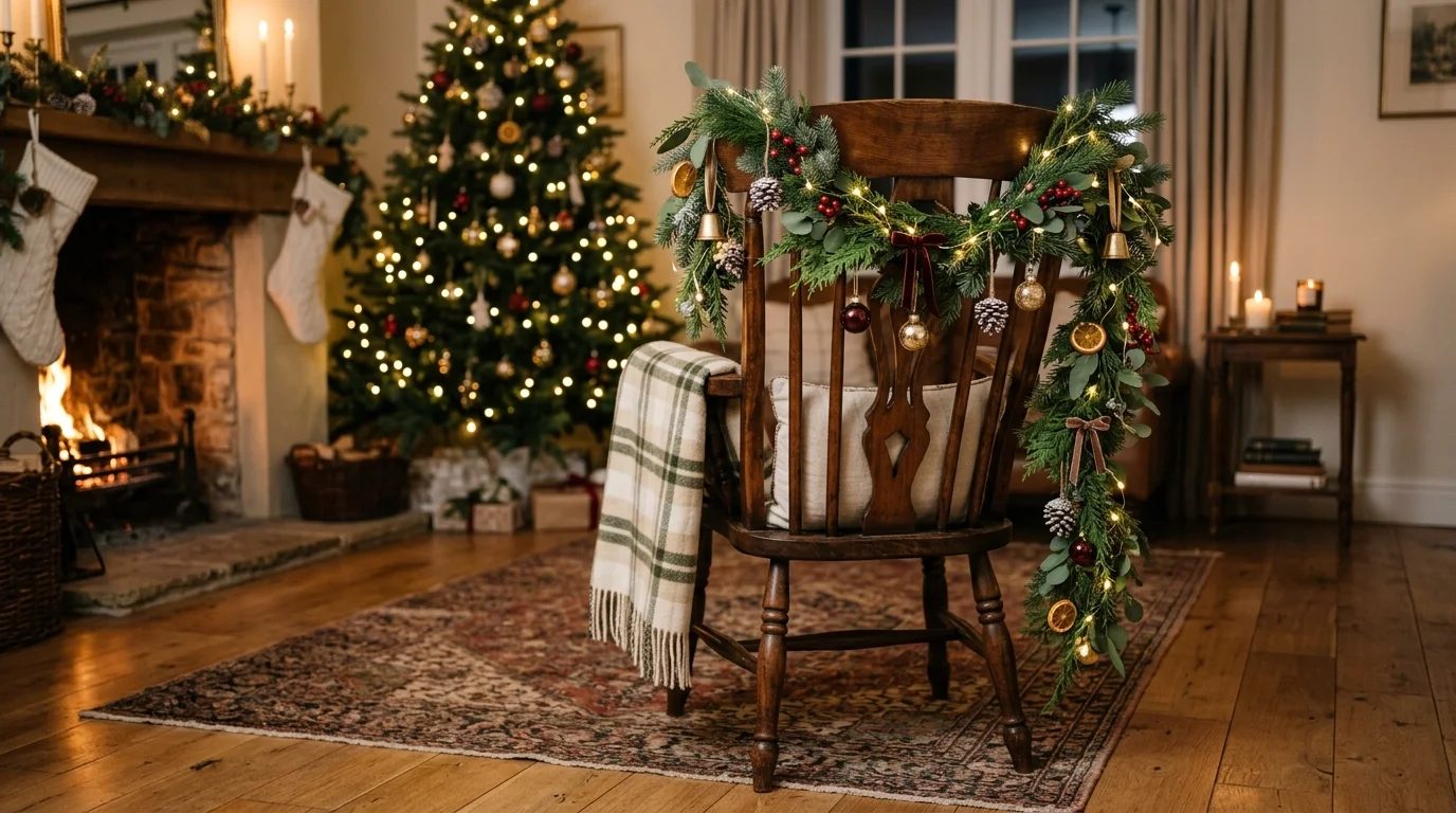 A chair with a greenery garland draped across the back with small ornaments and lights soft ambient lighting elegant holiday touch no people